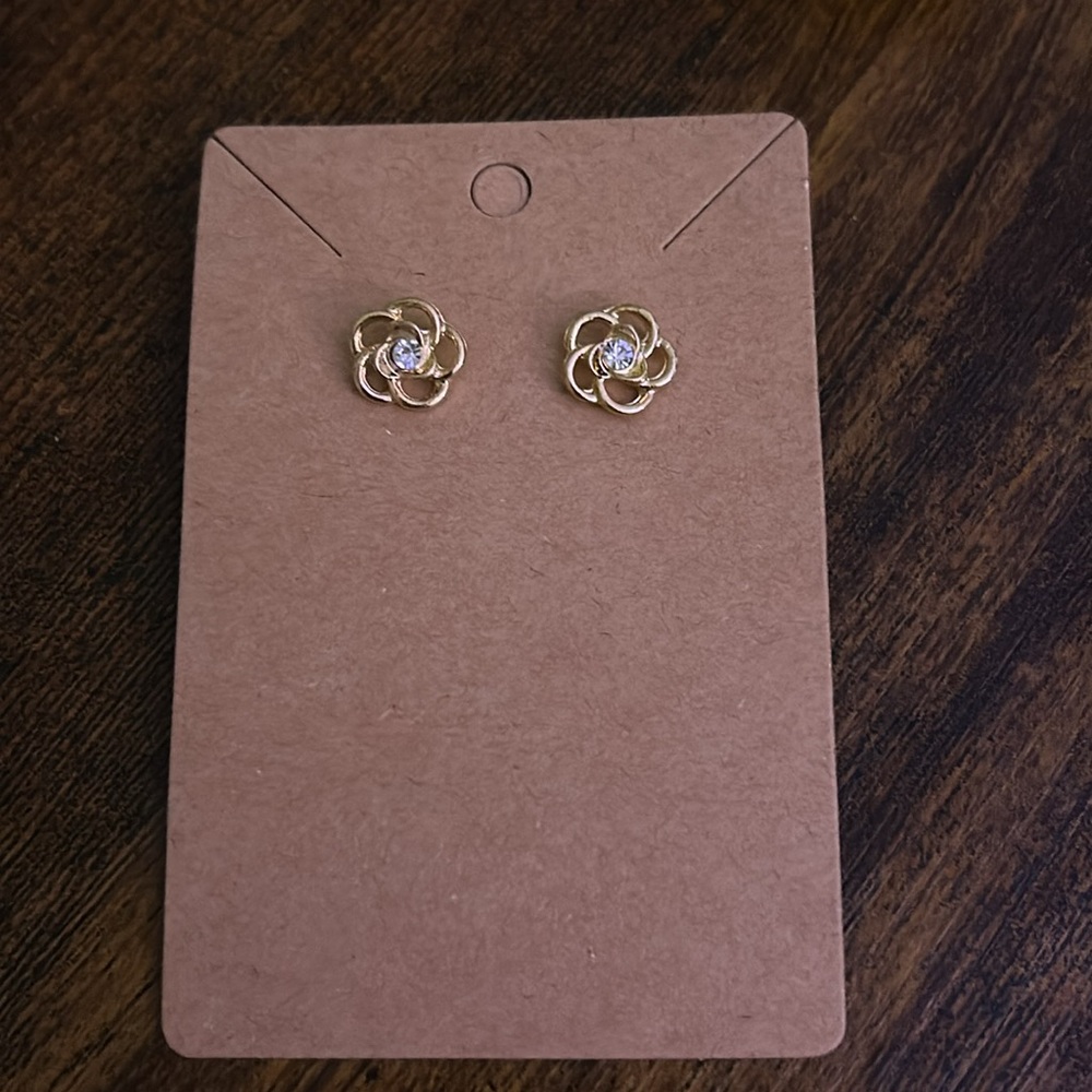Gold Floral Stud Earrings with Clear Gem - Elegant Women's Jewelry